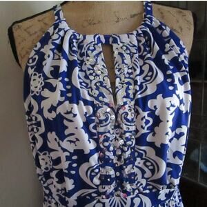 INC International Concepts Blue White Damask Maxi Dress 1X Halter Sequin Coastal